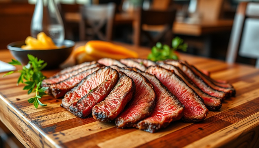 Grilled beef dish with garnish, showcasing culinary artistry in a casual setting