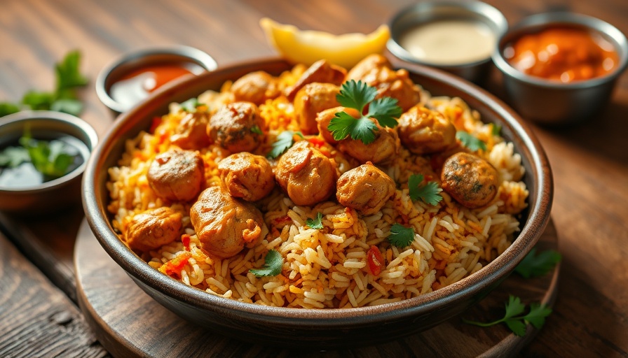 Delicious chicken biryani at a Dallas Indian restaurant, garnished with cilantro.