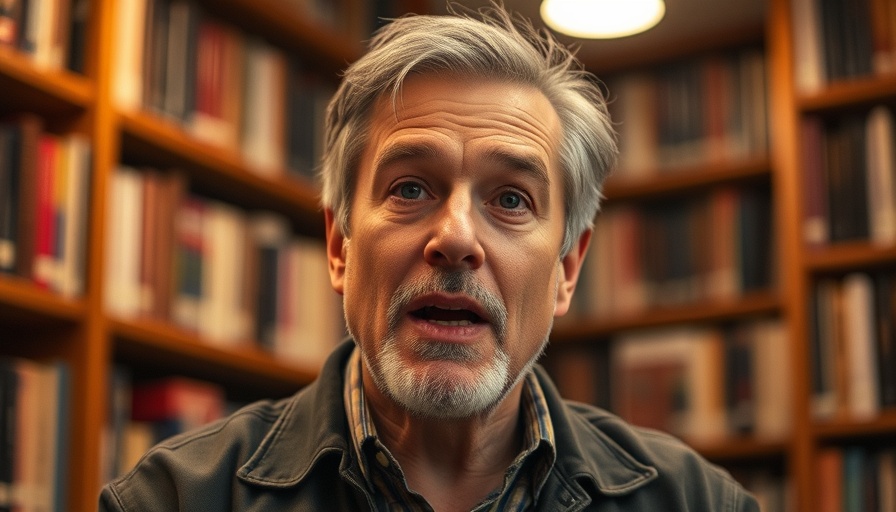 Middle-aged man discussing healthy aging nutrition in a library setting.
