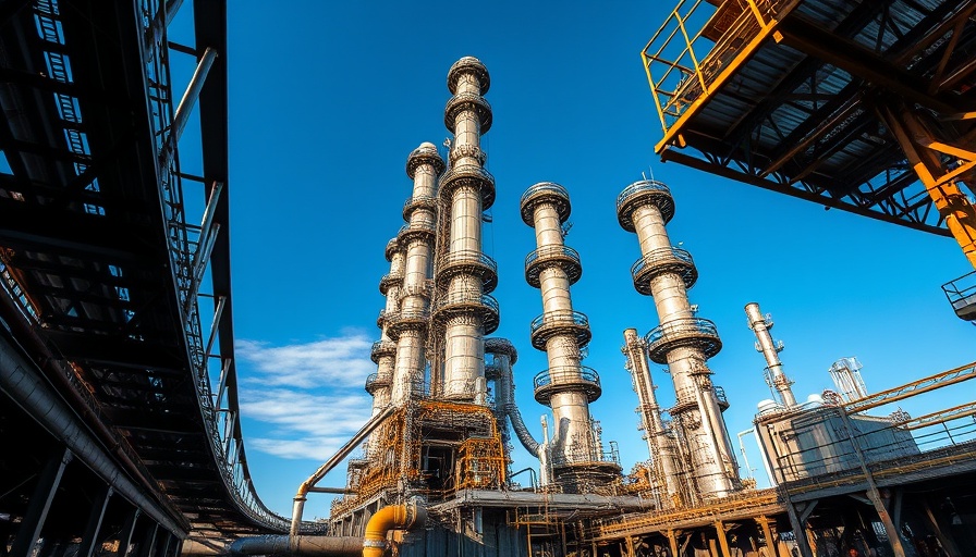 Houston corporate news: Modern industrial refinery in clear blue sky.