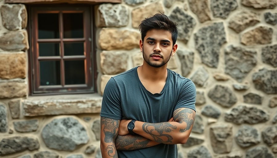 Relaxed young adult with tattoos sitting outdoors.