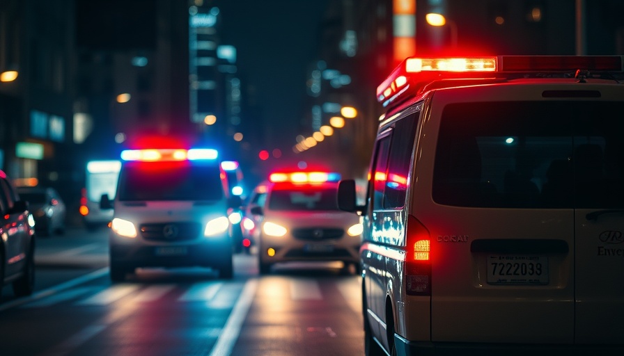 Flashing lights of emergency vehicles in response to bomb threat at Illinois hotel.