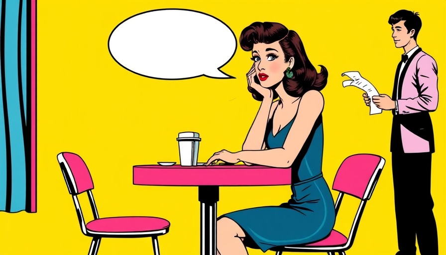 Retro pop-art woman complaining to waiter in restaurant.