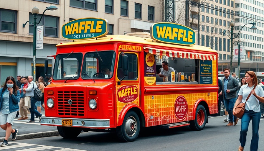 Bustling scene at Waffle Bus new location with vibrant food truck.
