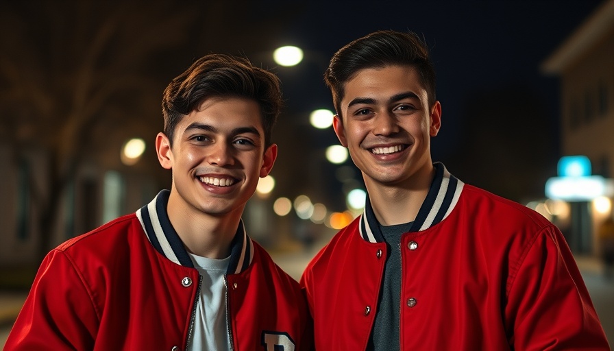 Two young men smiling and posing in red jackets at night.