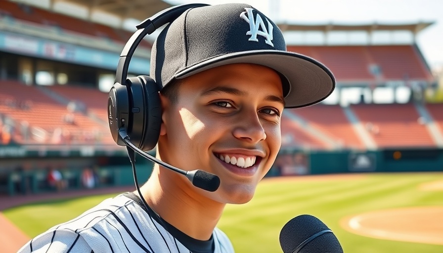 Young baseball player interviewed at Little League World Series with headset.