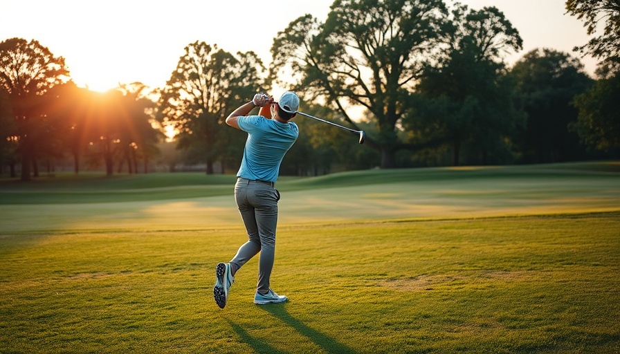 Dynamic golf swing in a park setting, 'What a shot'.