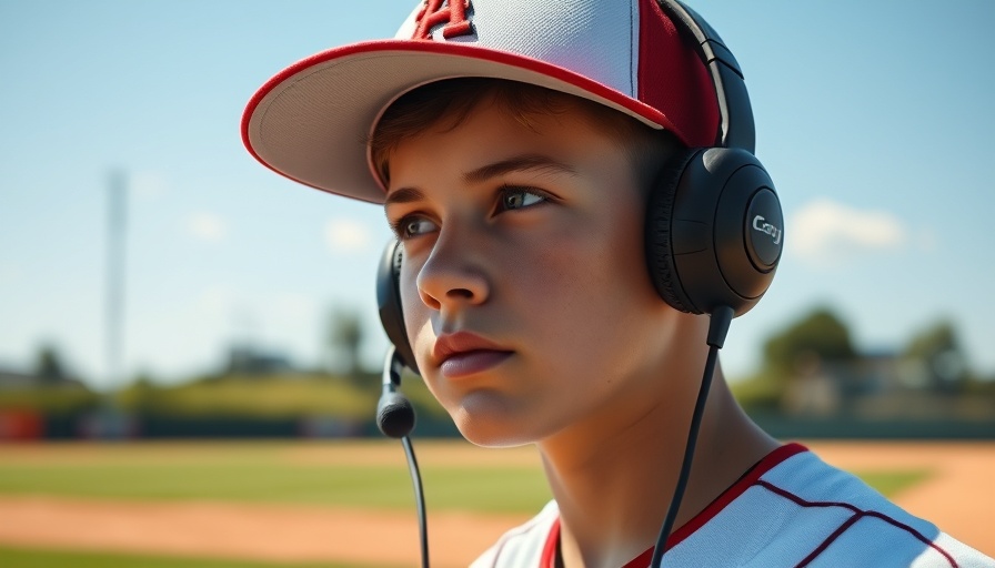 Little League World Series player speaking into a headset on a sunny field.