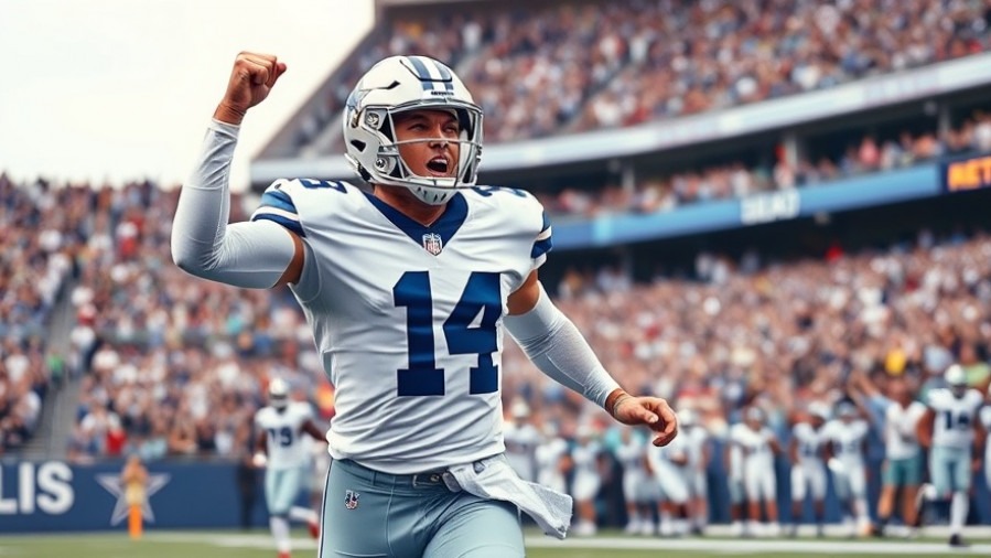 Excited Dallas Cowboys player celebrates touchdown in NFL game highlights.