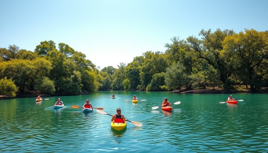 Kayakers on Lady Bird Lake access amidst greenery.