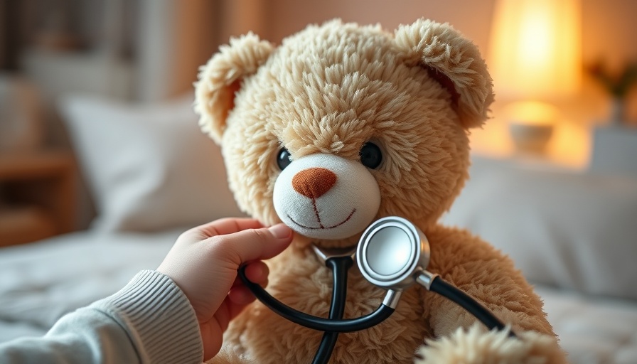 Teddy bear being checked with stethoscope; easing healthcare anxiety.