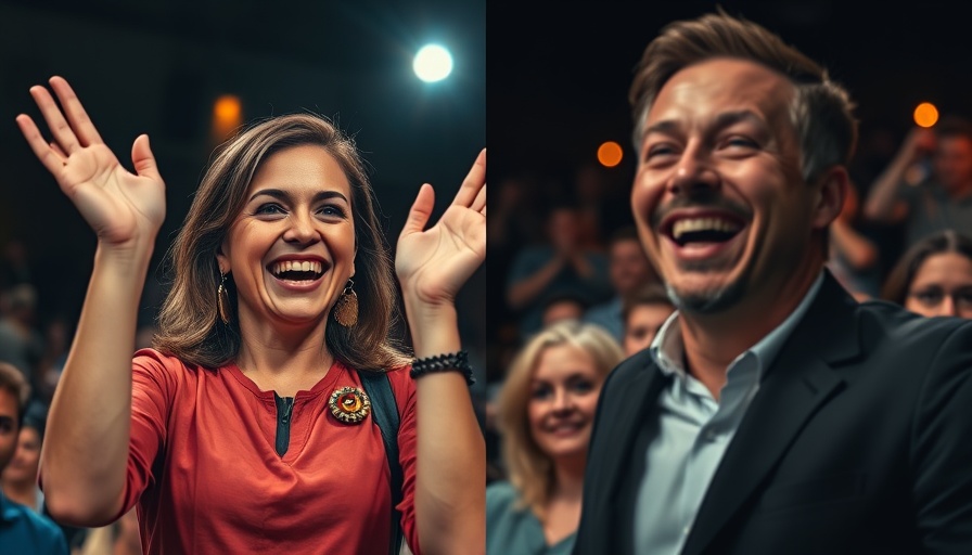 Collage of woman speaking and man smiling, news context.