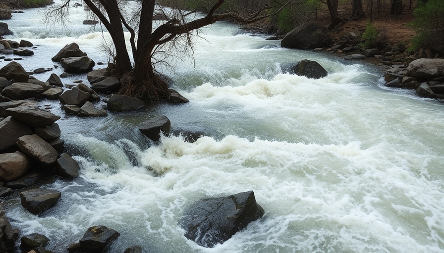 Texas Hill Country floods with raging waters over rocky terrain.