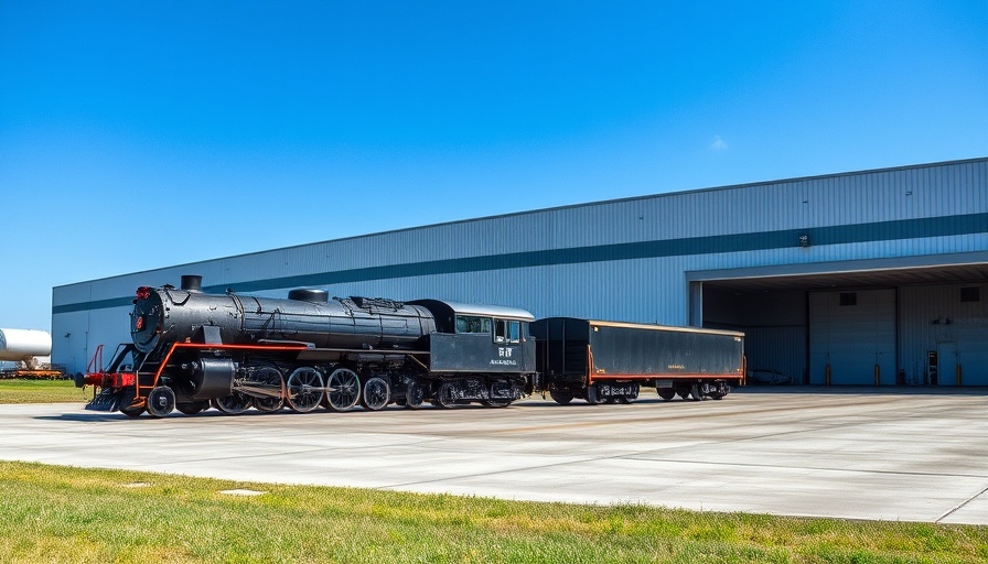 Modern warehouse near train track under clear sky in Austin.