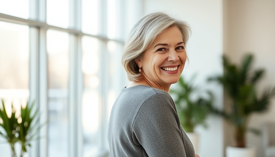 Happy middle-aged woman smiling indoors, health and wellness.