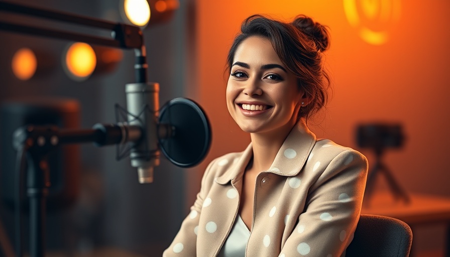 Tefi Pessoa podcast launch, woman in polka dot jacket, studio microphone