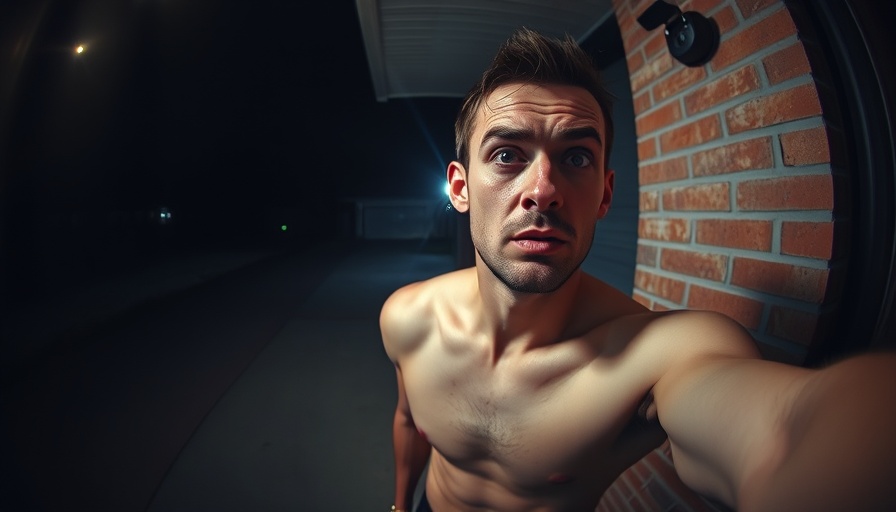 Doorbell camera captures shirtless man at night.
