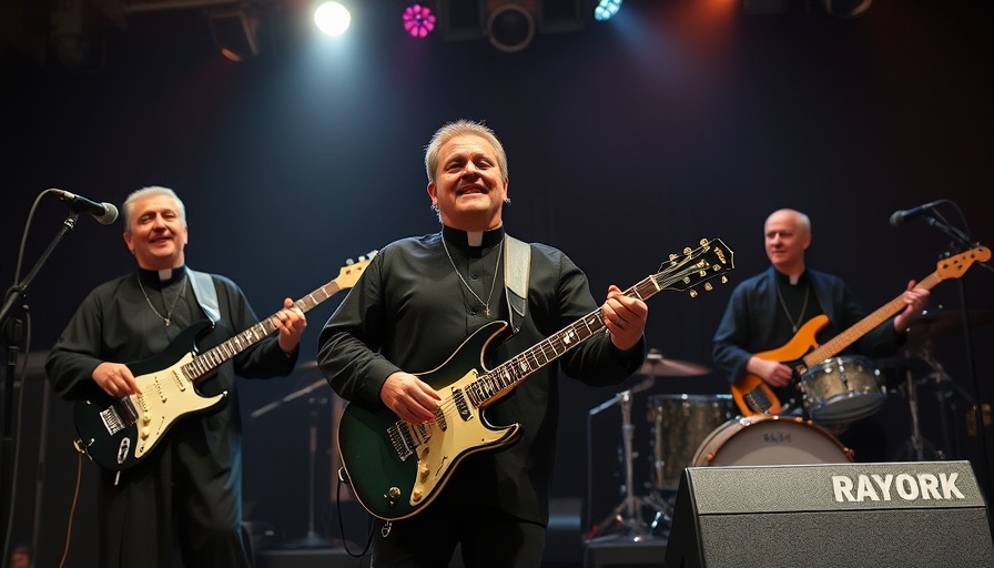 Catholic priests band performing on stage in Houston show.