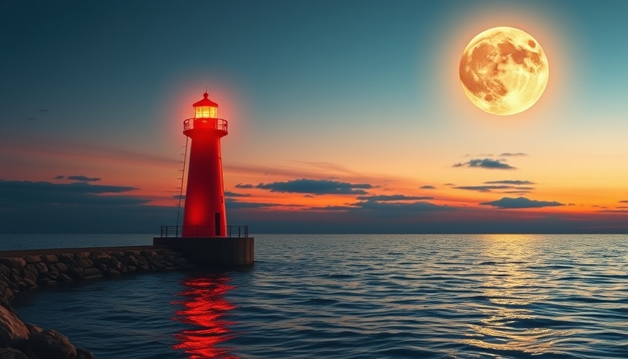 Red lighthouse under Sturgeon Moon by the sea.