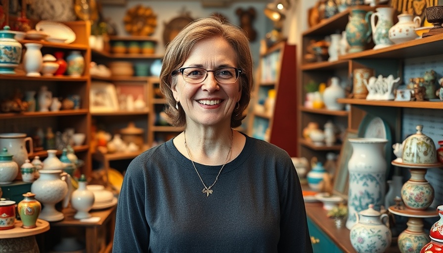 Woman smiling in Austin's vintage store Room Service Vintage, surrounded by antiques.