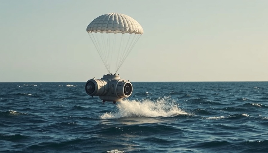 Spacecraft with parachutes splashes down in Pacific Ocean.