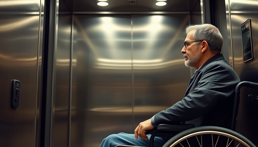 Man and person in wheelchair in elevator highlight accessibility issues.