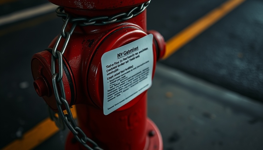 Red fire hydrant locked with chain, notice attached, Conroe water dispute education.