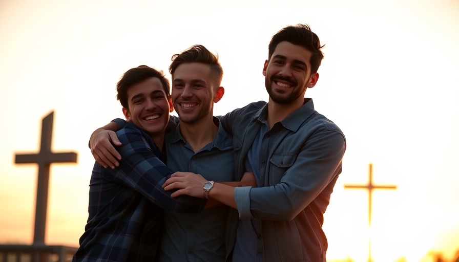 Gen Z Chosen Generation: Three young men smiling with a sunset and cross.