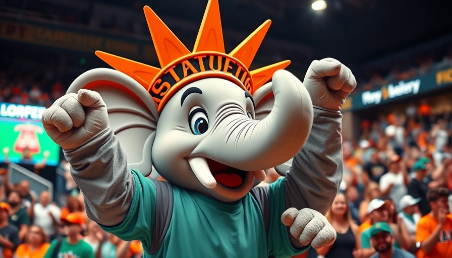 Colorful elephant mascot cheering at a lively sports event.