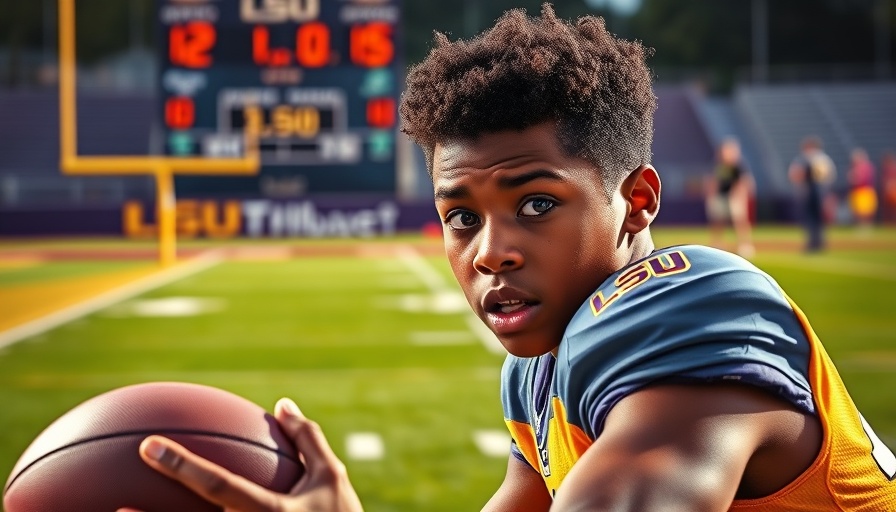 Focused young athlete practicing at LSU football field in bright light.