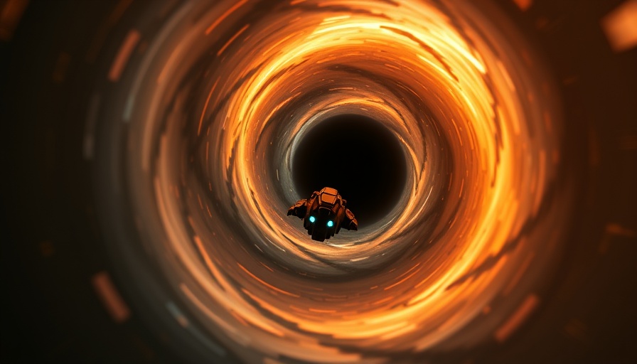 Tiny spacecraft approaching a swirling black hole vortex in space.