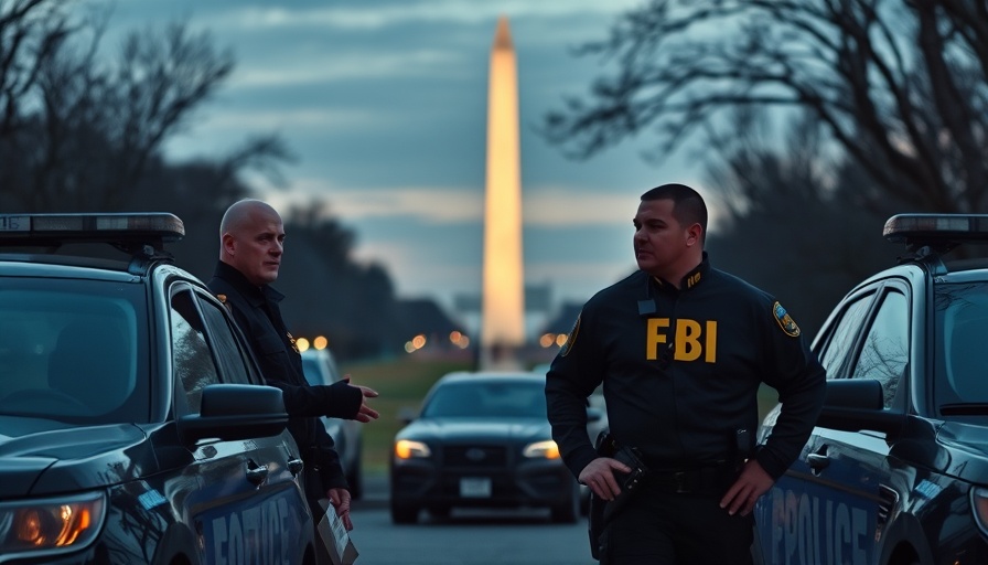 F.B.I. agents night patrol Washington with monument in background.