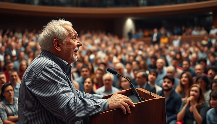 Older man engages diverse young audience, emphasizing young voters engagement in America.