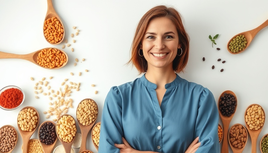 Smiling woman with legumes highlighting plant-based diet for diabetes.