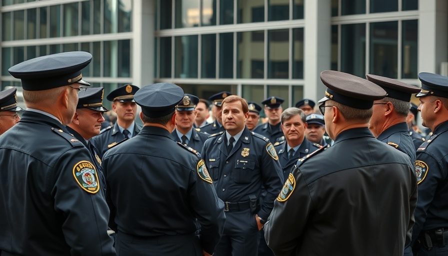 Law enforcement officials in a discussion outside a building.