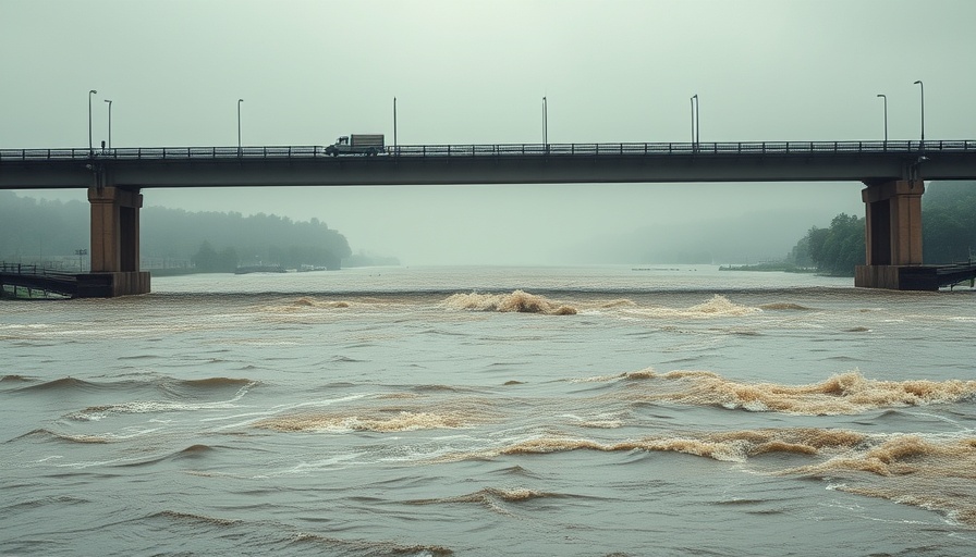 Ingram City flood siren system awareness with bridge over a flooded river.