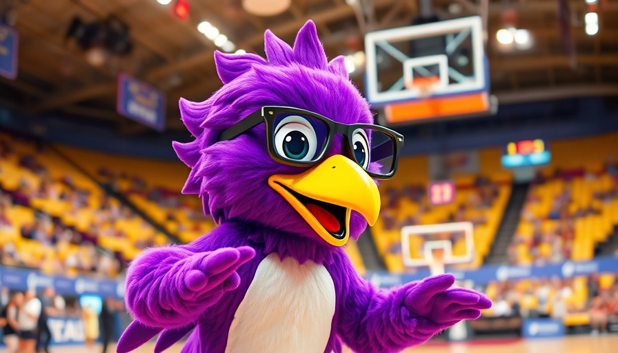 Colorful bird mascot enlivening women's sports event.