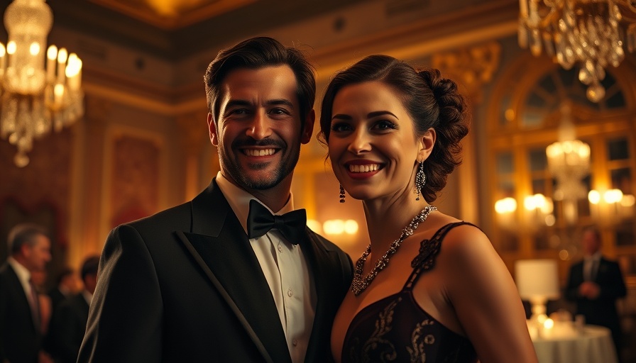 Elegant couple at Gilded Age engagement, warm smiles, luxury ballroom.