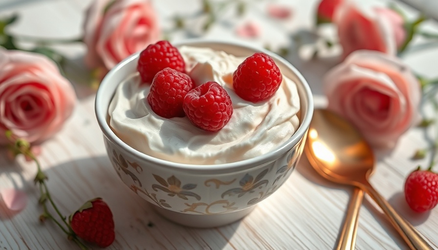 Frozen yogurt with raspberries on a rustic table.