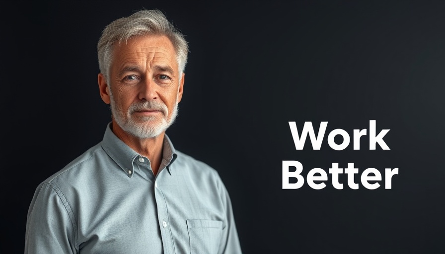 Calm middle-aged man with 'Work Better' text, studio shot.