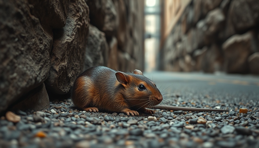 Rat lying on gravel by a stone wall in Sunnyside Apartments.