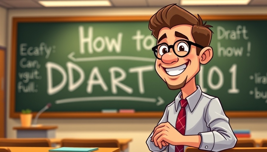 Cartoon instructor teaching fantasy football picks in classroom.
