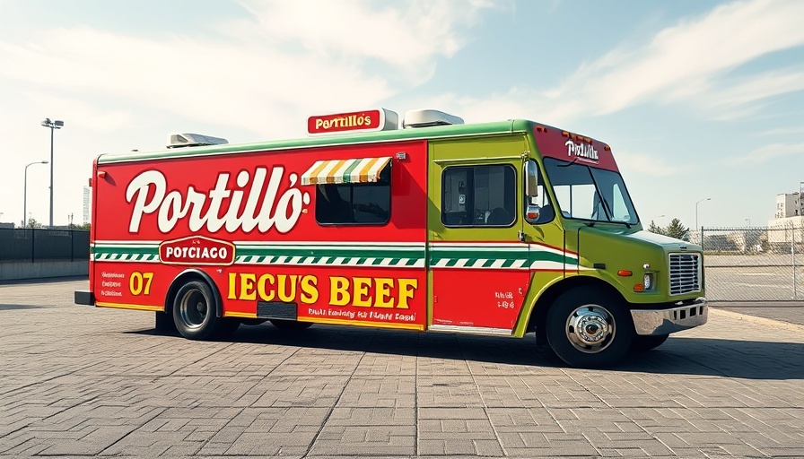 Portillo’s Beef Bus in DFW parked in a lot, showcasing branding.