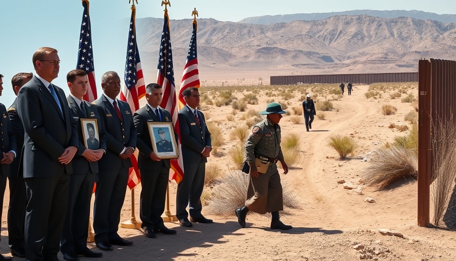 Mixed scenes of solemn assembly with Marine photo and migrants at border.