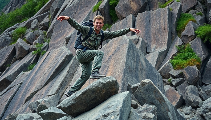 Outdoor scene of person balancing on rocks, adventurous setting.