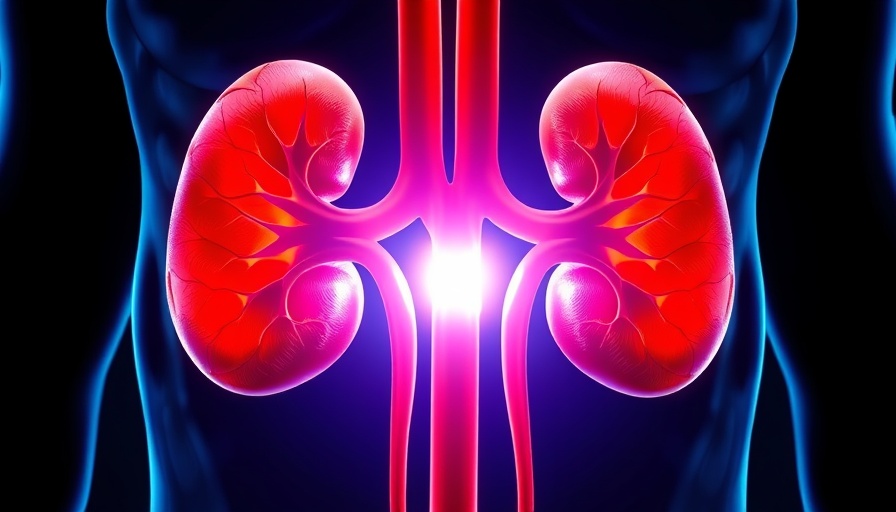 Illustration of kidneys highlighting disease risk, dark blue background.
