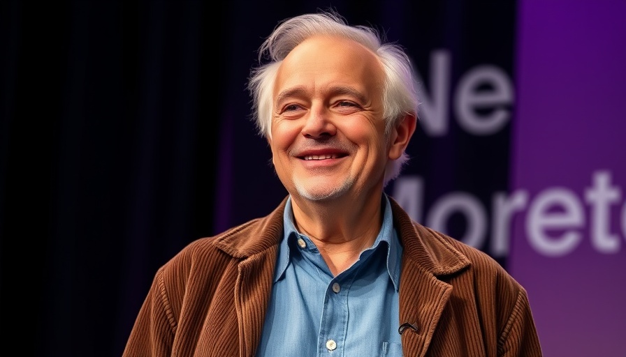 Elderly man smiling on stage with purple background, corduroy jacket.