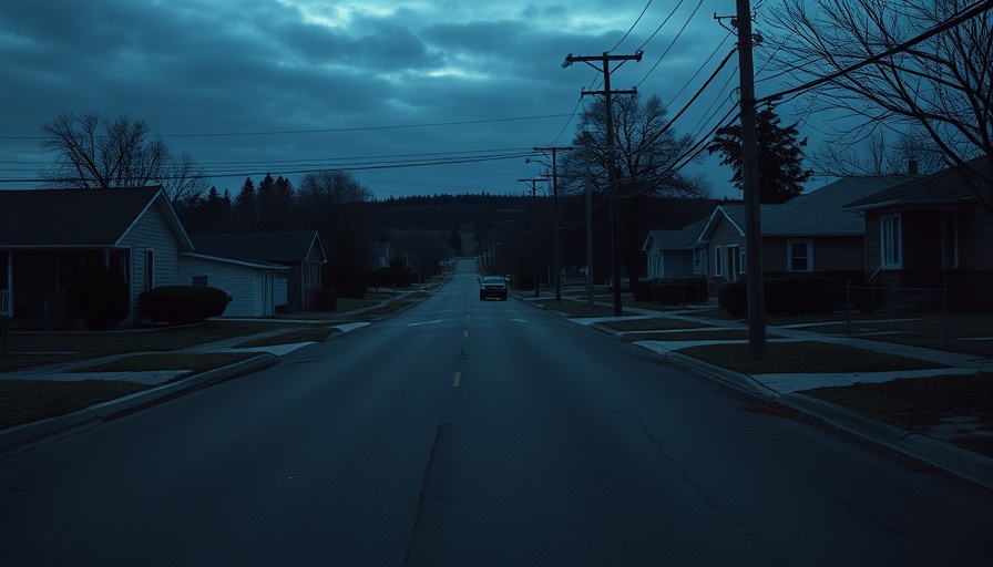 Deserted suburban street at dusk in eerie atmosphere.
