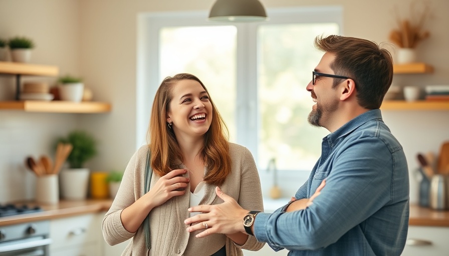 Parent and teen laughing in a sunny kitchen.