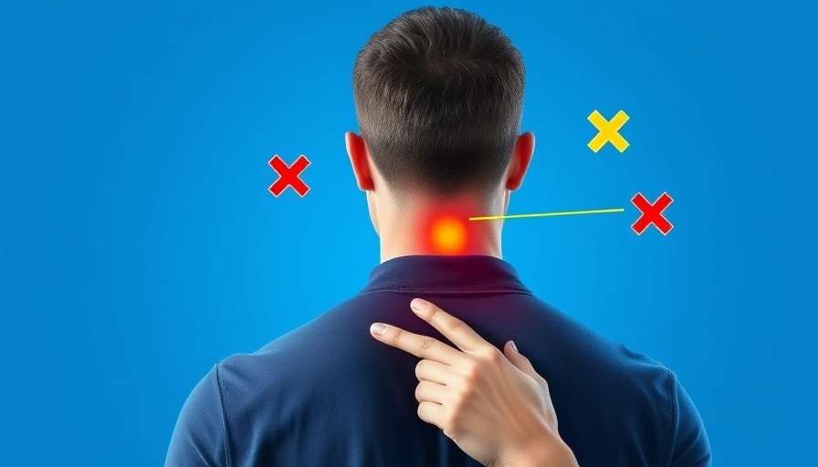 Illustration showing cause of neck and shoulder pain with highlighted areas.